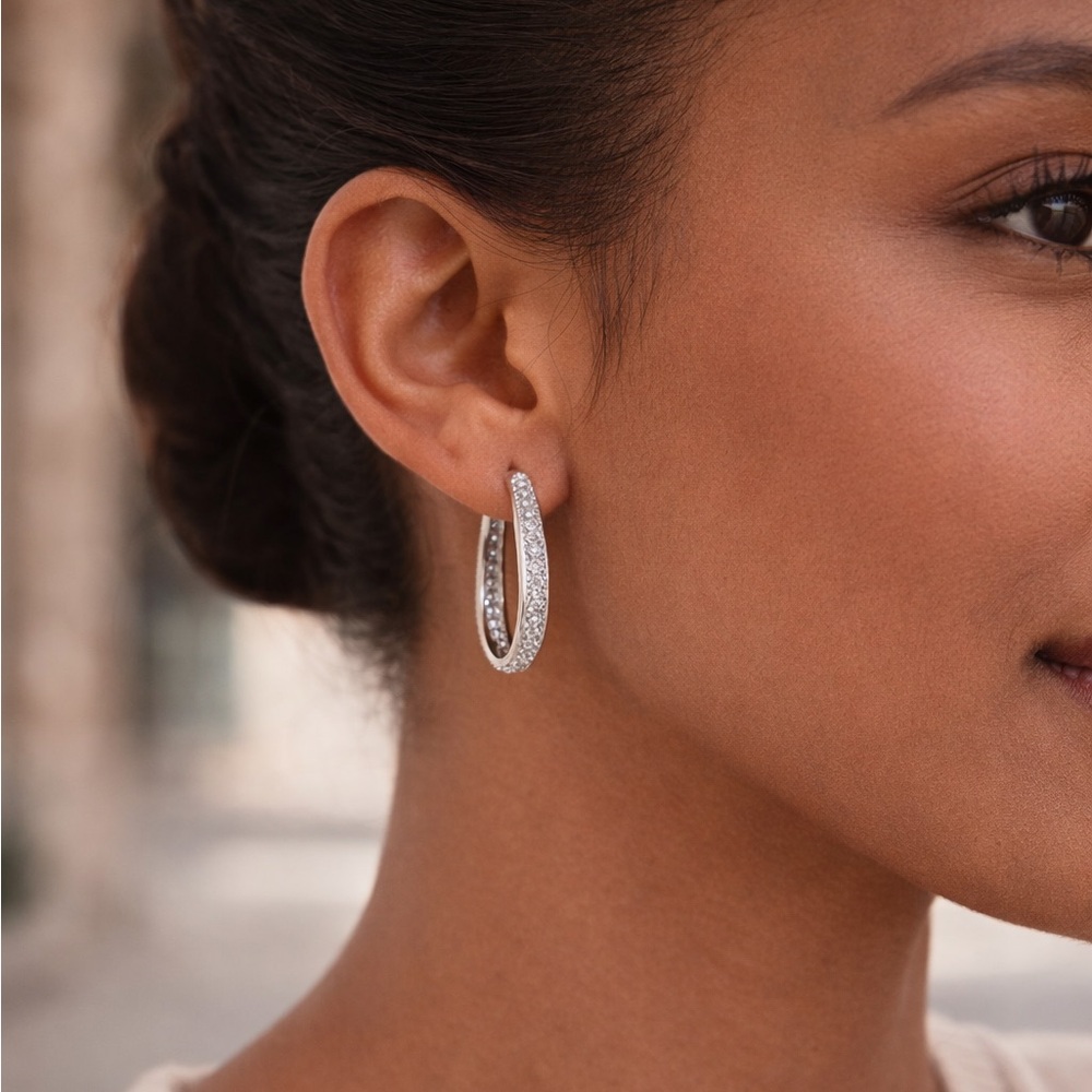 925 Sterling Silver Oval Pavé CZ Hoop Earrings